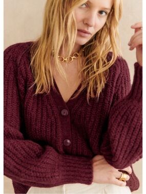 SEZANE Burgundy Maroon Alpaca Wool Knit Basile Oversized V Neck Cardigan Sweater